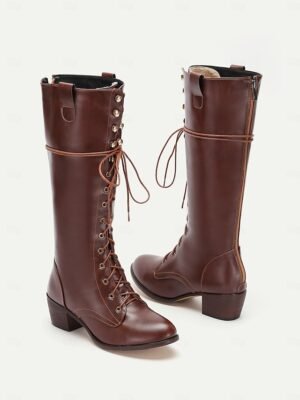 Vintage Rustic Western Lace-Up Round Toe Knee-High Boots - Image 2