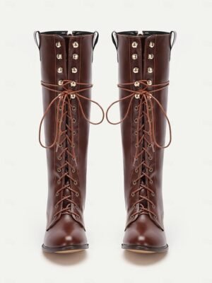 Vintage Rustic Western Lace-Up Round Toe Knee-High Boots - Image 4