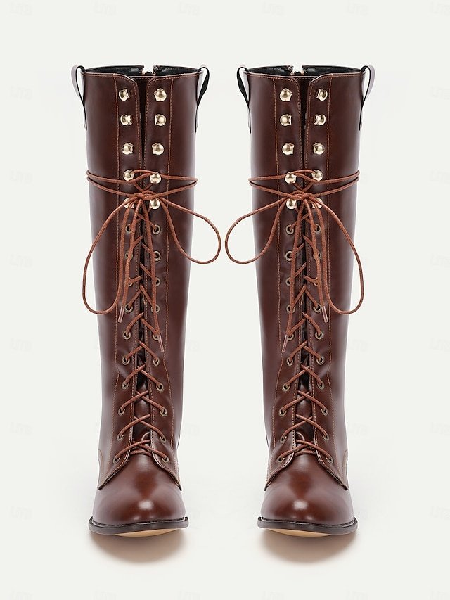 Vintage Rustic Western Lace-Up Round Toe Knee-High Boots - Image 4