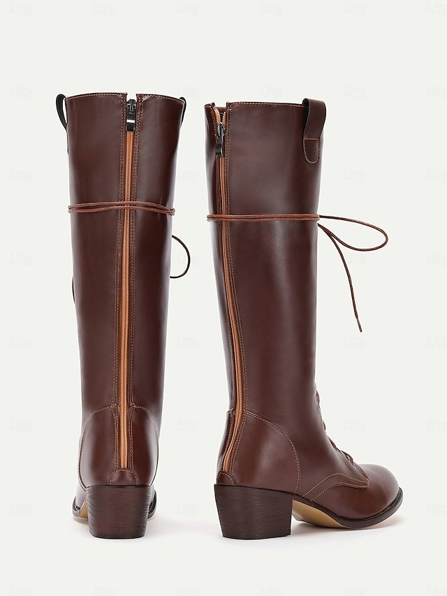 Vintage Rustic Western Lace-Up Round Toe Knee-High Boots - Image 5