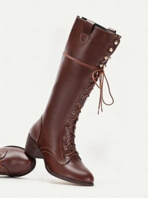 Vintage Rustic Western Lace-Up Round Toe Knee-High Boots - Image 6