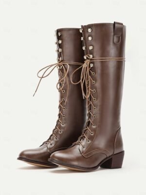 Vintage Rustic Western Lace-Up Round Toe Knee-High Boots - Image 7
