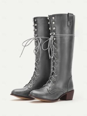 Vintage Rustic Western Lace-Up Round Toe Knee-High Boots - Image 9