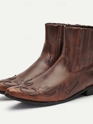 Vintage Style Brown Faux Leather Ankle Cowboy Boots - Image 7