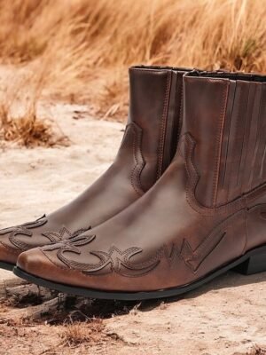 Vintage Style Brown Faux Leather Ankle Cowboy Boots - Image 9