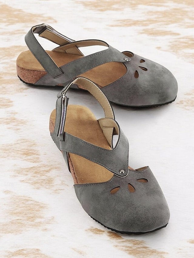 Vintage-Style Gray Suede Cut-Out Cork Sole Sandals - Image 1