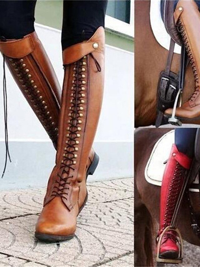 Vintage Style Knee-High Brown Lace-Up Riding Boots - Image 1