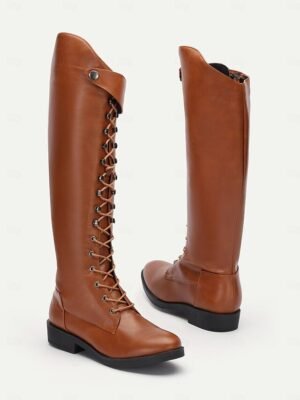 Vintage Style Knee-High Brown Lace-Up Riding Boots - Image 3