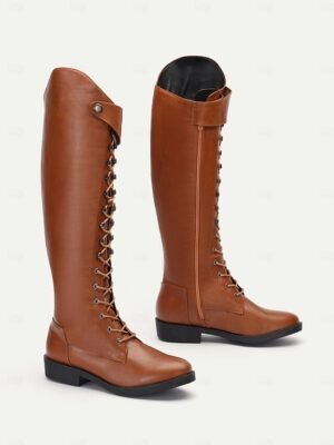 Vintage Style Knee-High Brown Lace-Up Riding Boots - Image 4