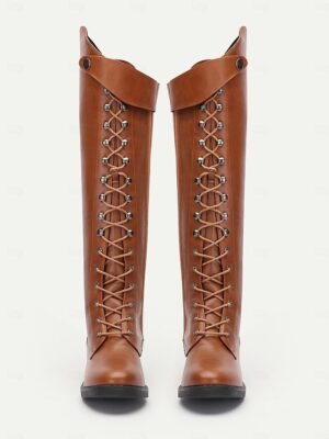 Vintage Style Knee-High Brown Lace-Up Riding Boots - Image 5