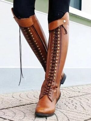 Vintage Style Knee-High Brown Lace-Up Riding Boots - Image 9
