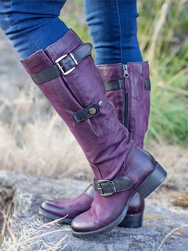 Vintage Style Knee-High Faux Leather Round Toe Motorcycle Boots - Image 1