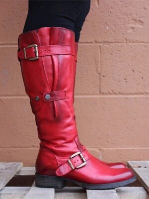 Vintage Style Knee-High Faux Leather Round Toe Motorcycle Boots - Image 2