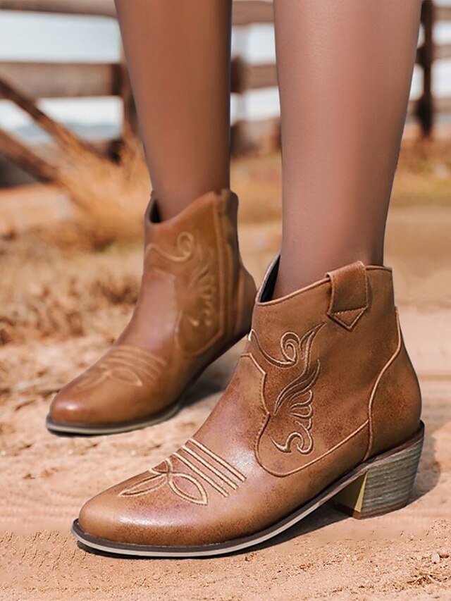 Vintage Style Western Ankle Embroidered Leather Boots - Image 1