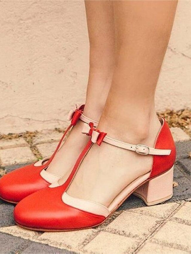 Vintage Stylish Red Bow Detail T-Strap Block Heel Heels - Image 1