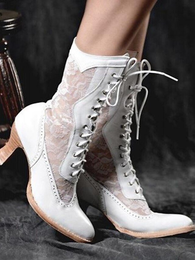 Vintage Victorian Lace-Up Lace Panel Mid-Calf Boots - Image 1