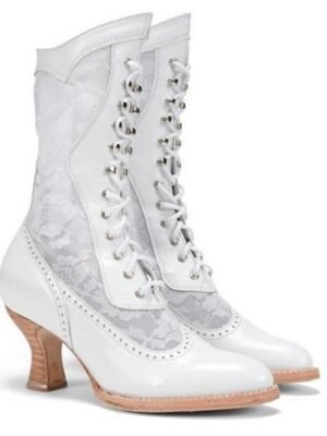 Vintage Victorian Lace-Up Lace Panel Mid-Calf Boots - Image 2