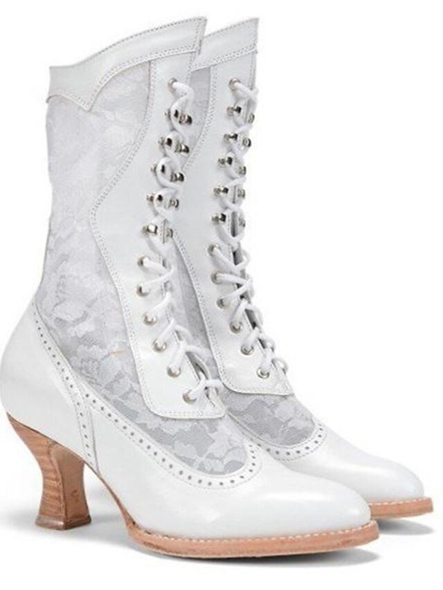 Vintage Victorian Lace-Up Lace Panel Mid-Calf Boots - Image 2