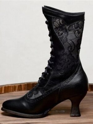 Vintage Victorian Lace-Up Lace Panel Mid-Calf Boots - Image 4