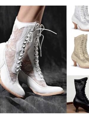 Vintage Victorian Lace-Up Lace Panel Mid-Calf Boots - Image 5