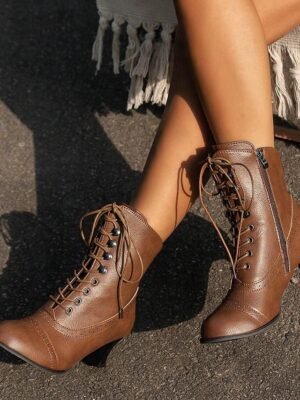 Vintage Victorian Lace-Up Pointed Toe Kitten Heel Mid-Heel Boots - Image 10