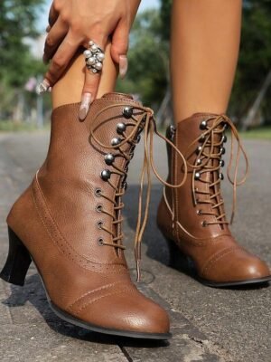 Vintage Victorian Lace-Up Pointed Toe Kitten Heel Mid-Heel Boots - Image 11