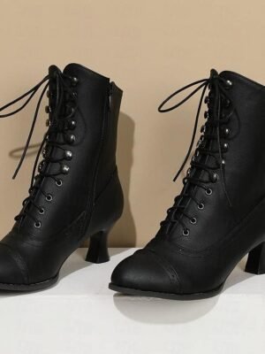 Vintage Victorian Lace-Up Pointed Toe Kitten Heel Mid-Heel Boots - Image 15