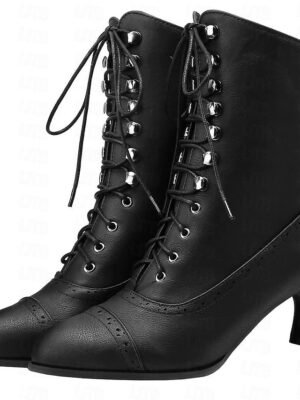 Vintage Victorian Lace-Up Pointed Toe Kitten Heel Mid-Heel Boots - Image 16