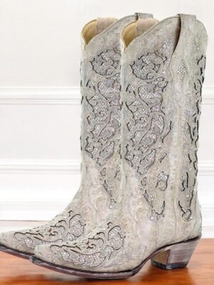 Vintage Western Embroidered Rhinestone Leather Cowboy Boots - Image 1