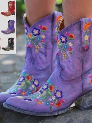 Vintage Western Floral Embroidered Faux Leather Ankle Boots - Image 1