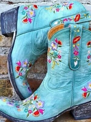 Vintage Western Floral Embroidered Faux Leather Ankle Boots - Image 10
