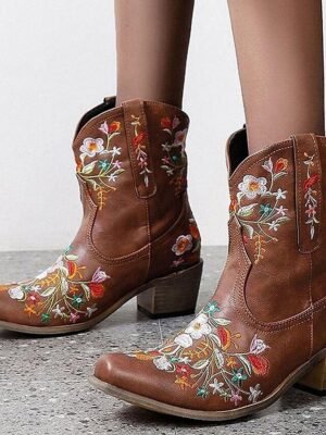 Vintage Western Floral Embroidered Faux Leather Ankle Boots - Image 11