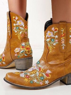 Vintage Western Floral Embroidered Faux Leather Ankle Boots - Image 12