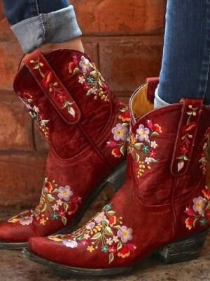 Vintage Western Floral Embroidered Faux Leather Ankle Boots - Image 14