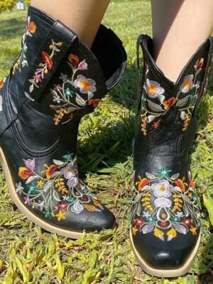 Vintage Western Floral Embroidered Faux Leather Ankle Boots - Image 15