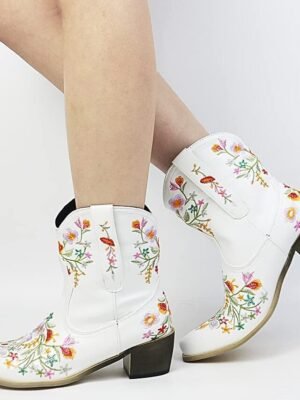 Vintage Western Floral Embroidered Faux Leather Ankle Boots - Image 17