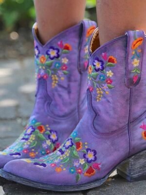 Vintage Western Floral Embroidered Faux Leather Ankle Boots - Image 2