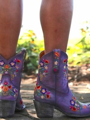 Vintage Western Floral Embroidered Faux Leather Ankle Boots - Image 4