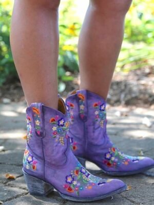 Vintage Western Floral Embroidered Faux Leather Ankle Boots - Image 5