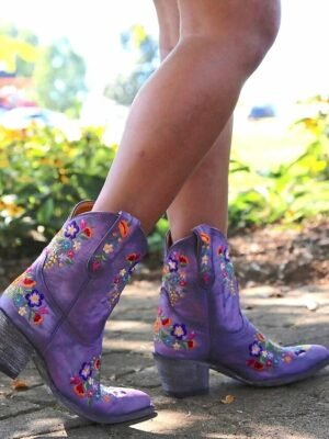 Vintage Western Floral Embroidered Faux Leather Ankle Boots - Image 6