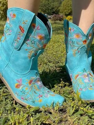 Vintage Western Floral Embroidered Faux Leather Ankle Boots - Image 8