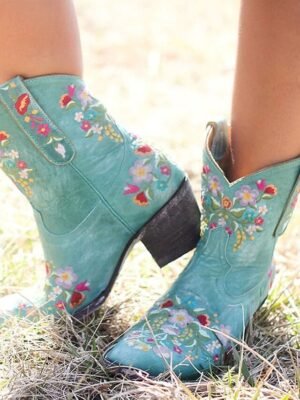 Vintage Western Floral Embroidered Faux Leather Ankle Boots - Image 9