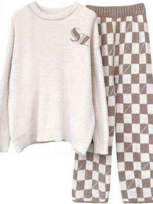 Warm Graphic Crew Neck Long Sleeve Fleece Loungewear Set - Image 3