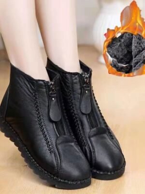 Warm Leather Dual Zipper Ankle Boots with Fur Lining - Image 2