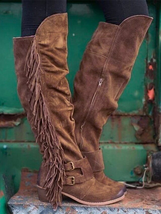 Western Knee-High Fringe Round Toe Suede Boots - Image 1