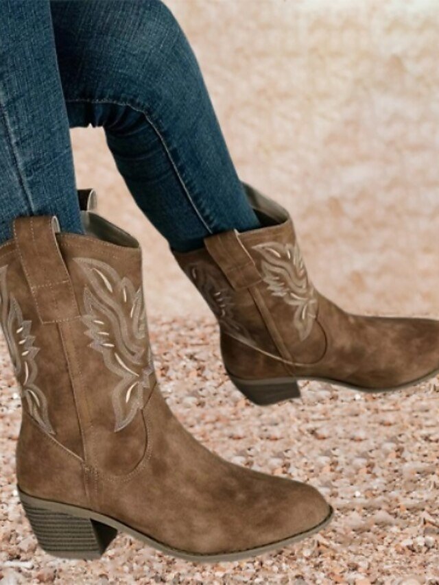 Western Low Block Heel Embroidered Slip-On Boots - Image 3