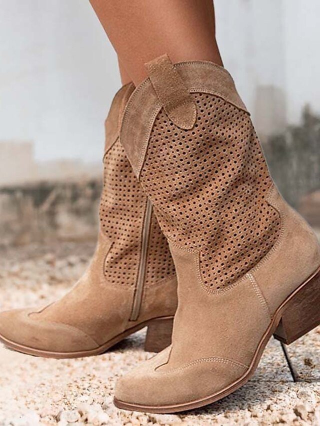 Western Mid-Calf Perforated Round Toe Block Heel Cowboy Boots - Image 1