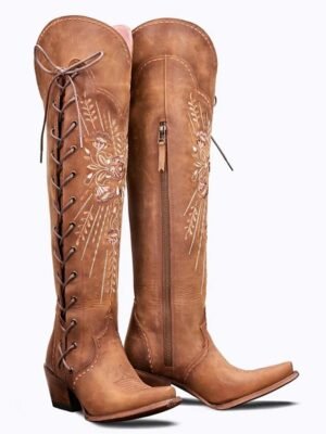 Western Over-the-Knee Embroidered Lace-Up Cowboy Boots - Image 2