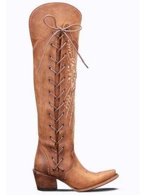 Western Over-the-Knee Embroidered Lace-Up Cowboy Boots - Image 4