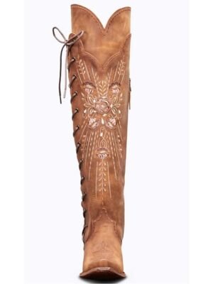 Western Over-the-Knee Embroidered Lace-Up Cowboy Boots - Image 5